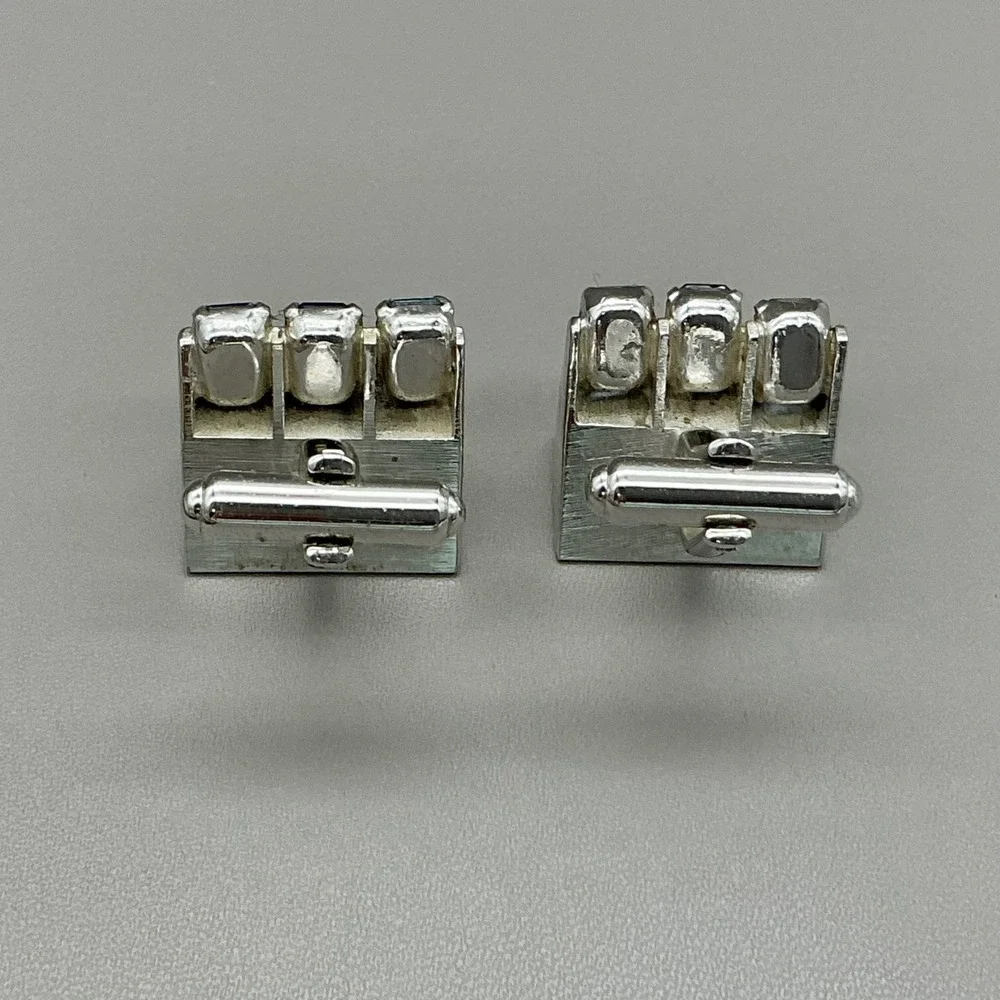 Vintage Blue Rhinestone Silver Tone Cufflinks Mid Century Modern Formal Mens